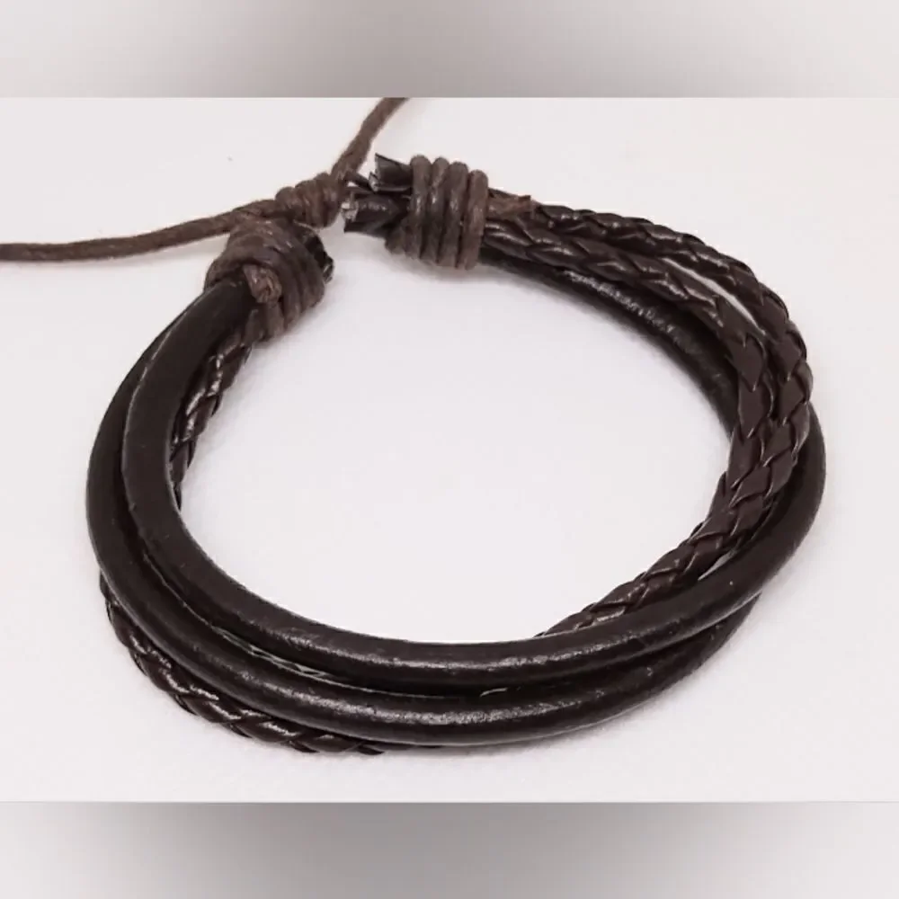 Men's bracelet leather braided layered brown‎ new d96